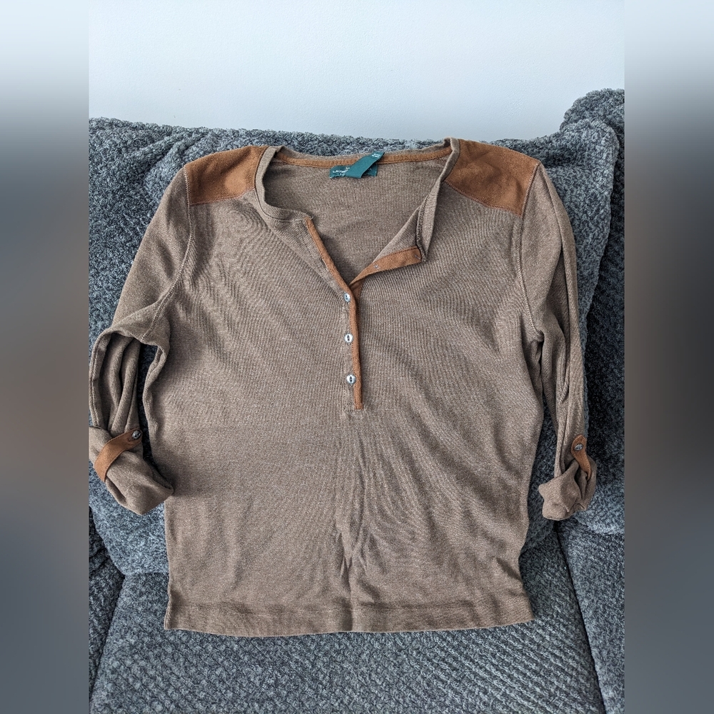Lauren Ralph Lauren Shirt Womens Medium Faux Suede Henley Top Equestrian Chic